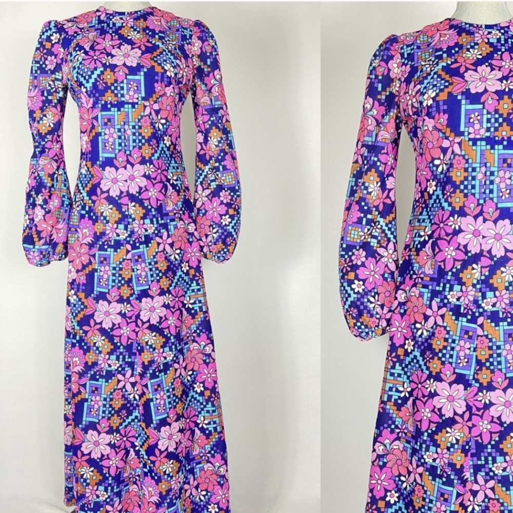 psychedelic floral 60s vintage maxi dress